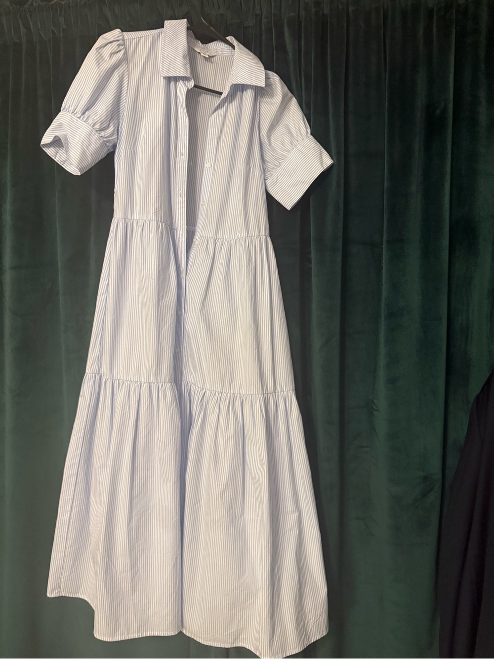 crown & ivy Light Blue and White Striped Tiered Shirt Maxi Dress